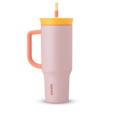 40oz Tumbler in Candy Store, soft blush pink insulated tumbler with coral handle, golden yellow lid, and pale yellow straw with coral grip