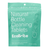 Bottle Cleaning Tablets 10 Pack in EcoBrite; front of teal resealable packet labeled \Natural Bottle Cleaning Tablets EcoBrite\