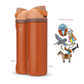Great American Road Trip FreeSip 24oz in Grand Canyon, warm terracotta-orange body with peach flip cap, mauve carry loop, and brown lid accent band; back and front views shown with included national park-themed stickers featuring an eagle, horse, UFO, and "Keep It Grand" rainbow