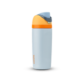Kids' FreeSip 14oz water bottle, pale blue body with orange flip cap and gray flip cap