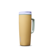 SmoothSip Slider with Handle 24oz in Beachfront, golden yellow insulated mug with lavender slider lid, mint green handle, and lavender slider button