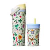 Owala Mother's Day Garden FreeSip Sway and Kids' Tumbler side by side; both in cream white with colorful garden print of flowers, strawberries, hummingbirds, bees, and a squirrel; FreeSip Sway has a yellow flip cap and light blue carry loop, Kids' Tumbler has a light blue lid and yellow straw