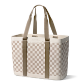 Sun-Day Collapsible Tote in Checkin' In, cream and tan checkerboard pattern tote bag with tan carry handles