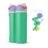 FreeSip 24oz in Ariel, mint green insulated bottle with light lavender flip cap, sage green lid, and red carry loop, shown front and back with included purple shell, "Unlock the Spell" silhouette, fork, and Flounder fish stickers