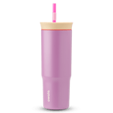 24oz Tumbler in Smell the Roses; matte lavender-pink insulated tumbler with cream lid, coral-red accent ring, and hot pink straw with light pink grip, Owala wordmark on front