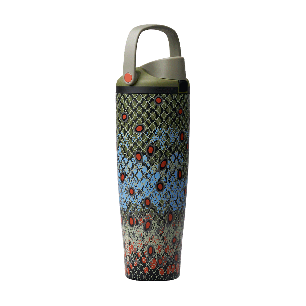 FreeSip Sway 40oz Off the Hook; rotating view of body covered in a dense fish-scale mosaic pattern blending olive green, sky blue, and orange-red speckled scales, with sage green flip cap, olive carry loop, and red push-button