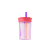 Kids' Tumbler 15oz in Lilac Rocket; translucent lavender plastic body with coral pink lid and purple straw with peach inner straw, lavender Owala logo on front