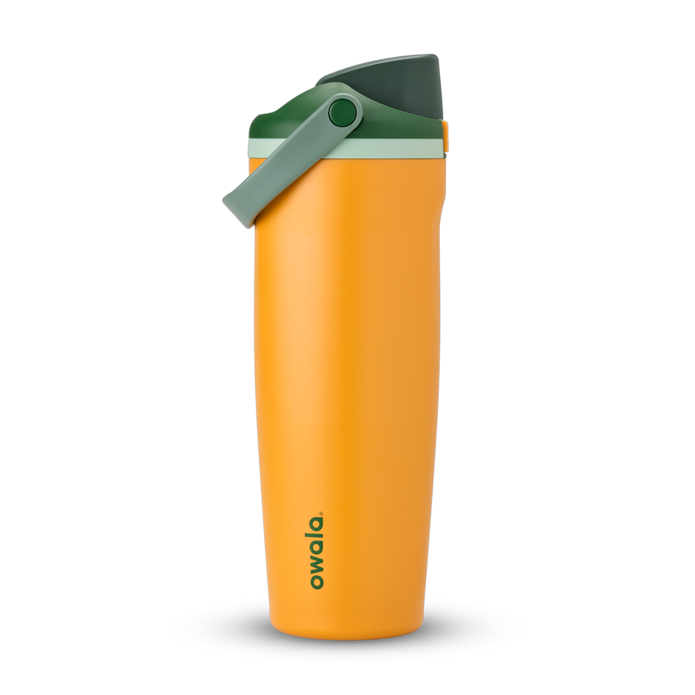 FreeSip Sway 32oz in Orange Grove, bright orange insulated water bottle with dark forest green flip cap, sage green carry loop and pale mint accent, lid open