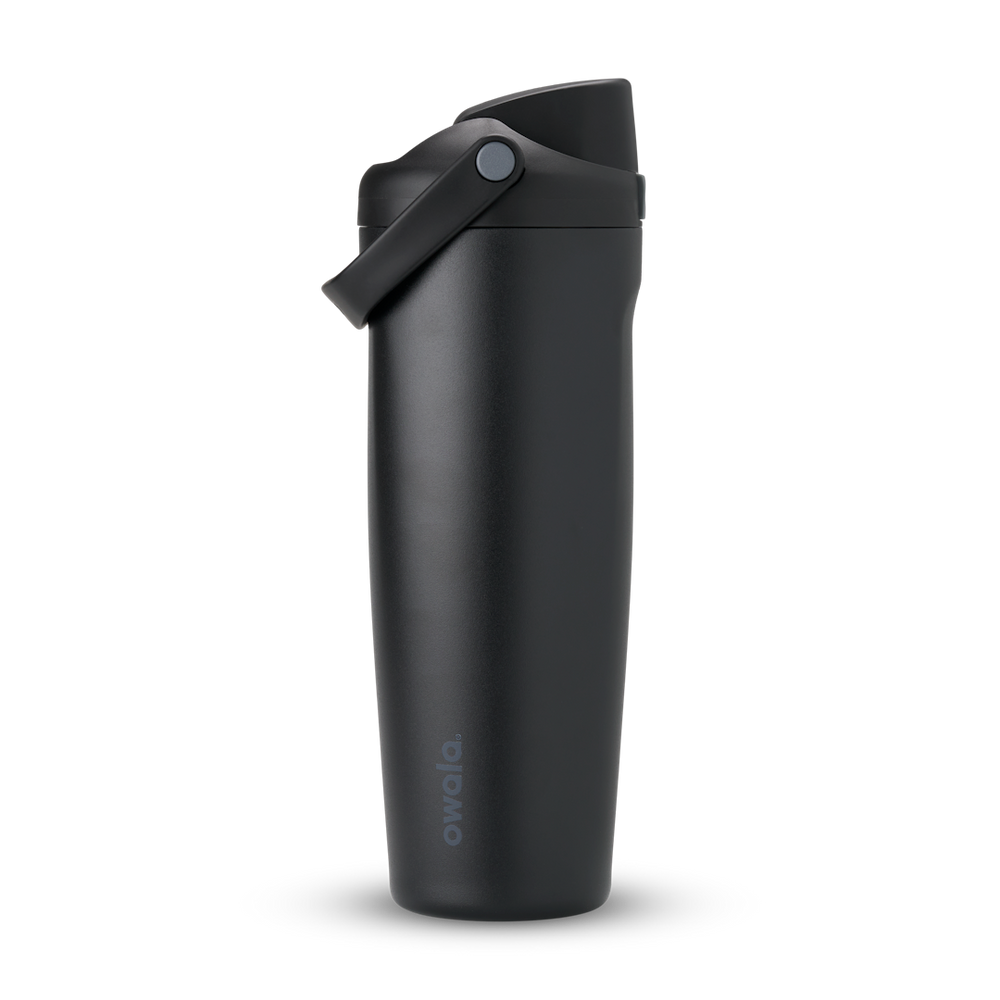FreeSip Sway 32oz in Very Very Dark, all-black insulated water bottle with matching black flip cap and carry loop, lid open