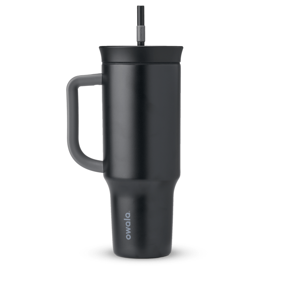 40oz Tumbler in Very, Very Dark, near-black charcoal insulated tumbler with matching dark handle, lid, and straw