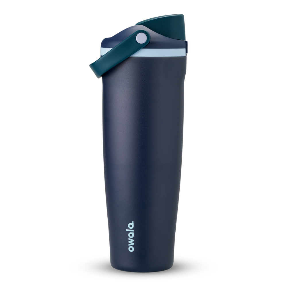 FreeSip Sway 40oz in Sea Captain, deep navy blue insulated water bottle with teal flip cap, navy carry loop and pale blue accent, lid open