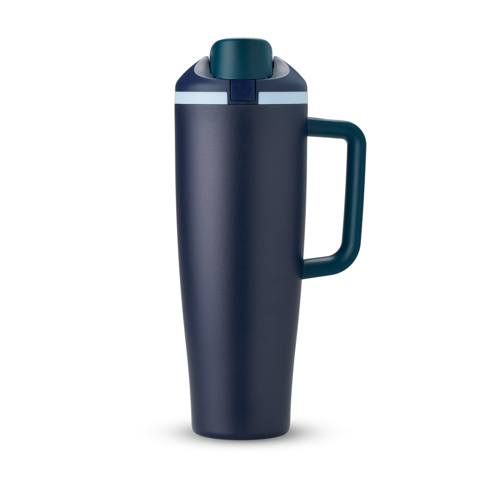 FreeSip Tumbler 40oz in Sea Captain — dark navy blue body with teal/dark green lid and navy handle, viewed from the handle side