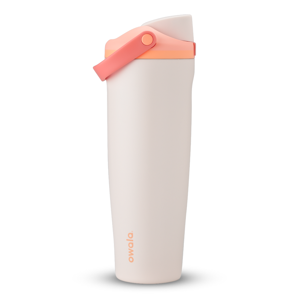 FreeSip Sway 40oz in Sparkling Sherbet, pale blush pink insulated water bottle with light pink flip cap, coral pink carry loop and bright coral accent, lid open