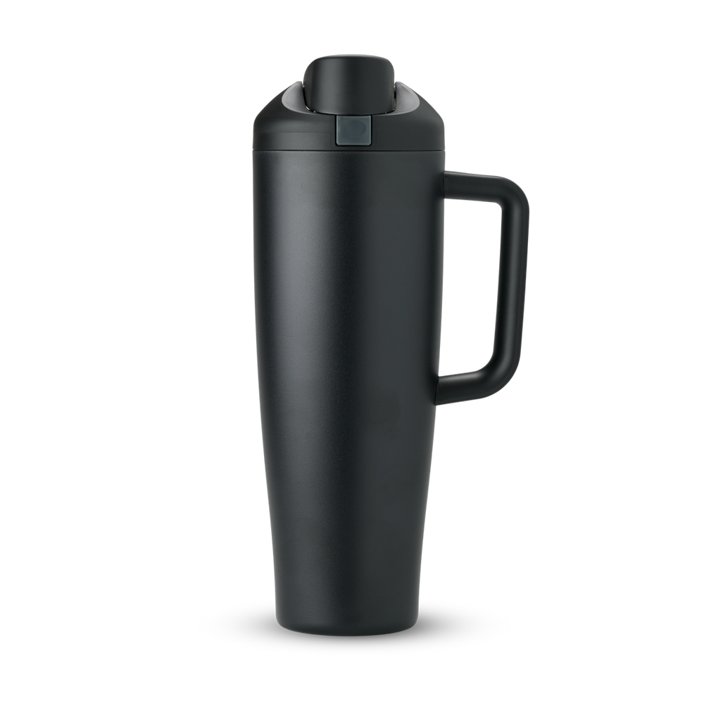 FreeSip Tumbler 40oz in Very Very Dark — matte black body with matching black lid and handle, viewed from the handle side