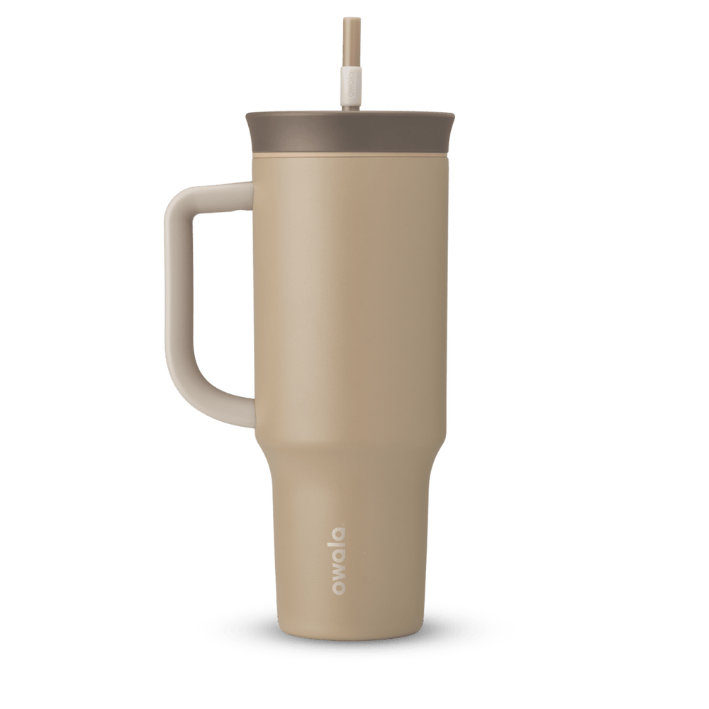 40oz Tumbler in Down to Earth, warm sandy tan insulated tumbler with darker taupe handle and lid with straw