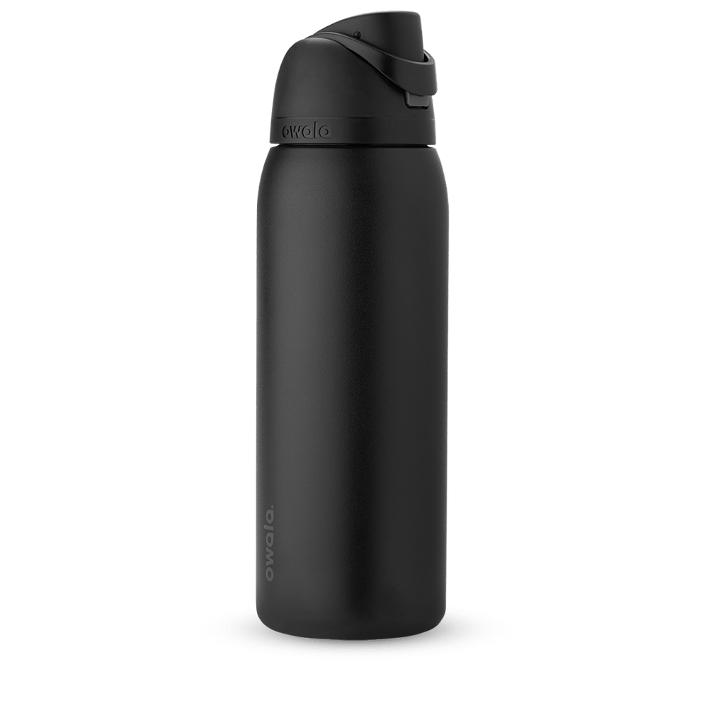 FreeSip 40oz water bottle, matte near-black body with matching dark flip cap and carry loop