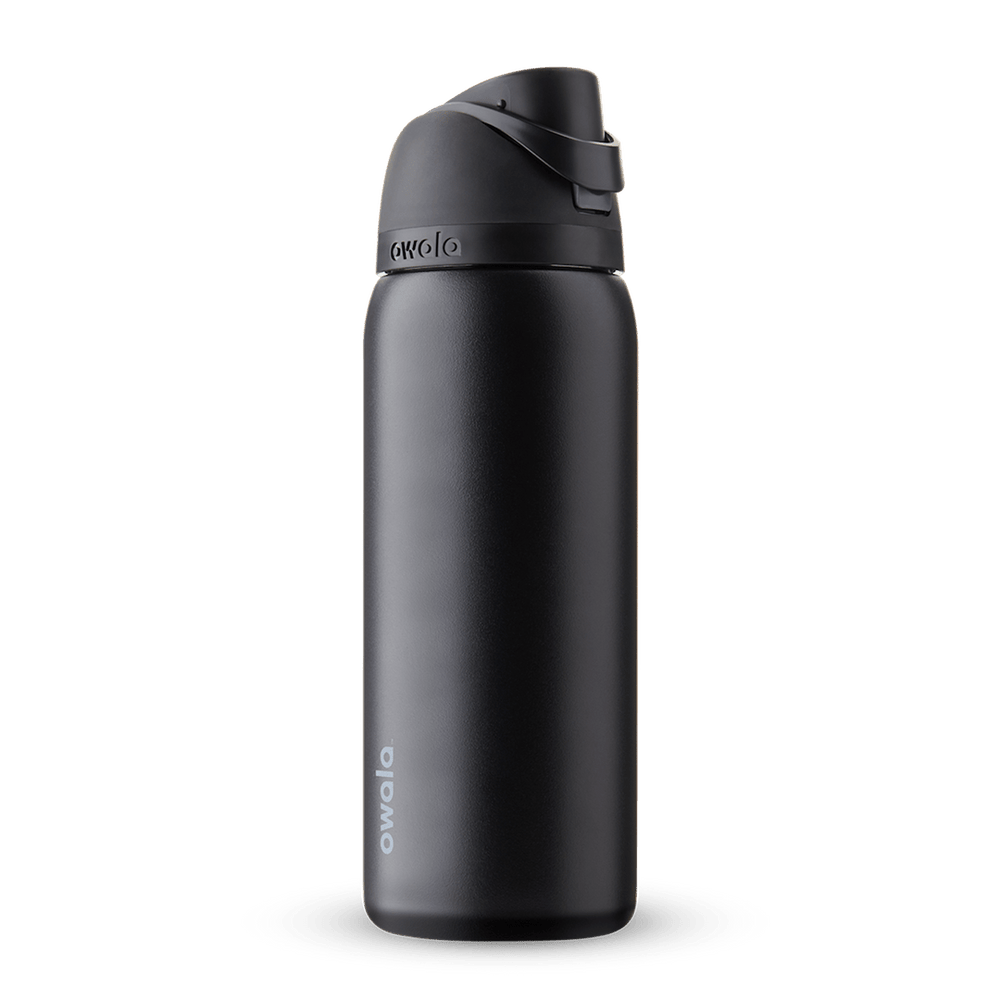 FreeSip 32oz water bottle, matte near-black body with matching dark flip cap and carry loop