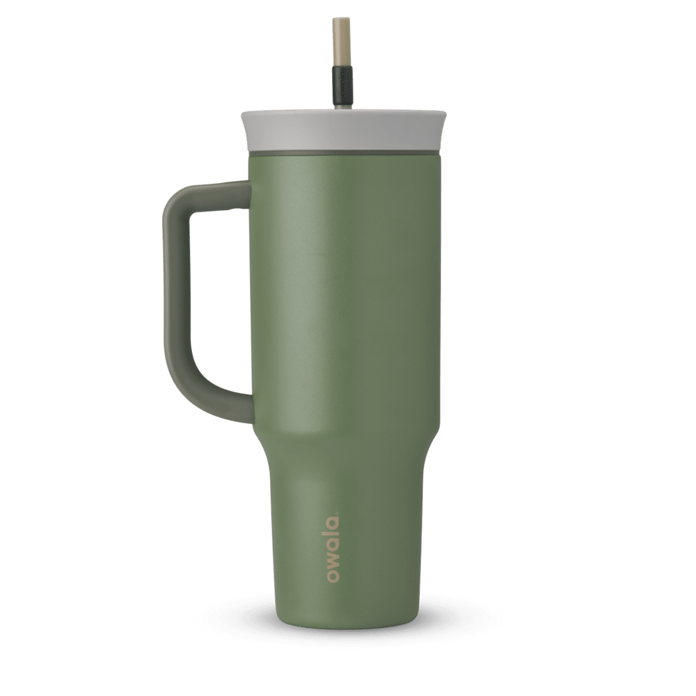 40oz Tumbler in Green House, deep olive green insulated tumbler with darker olive handle, pale grey lid, and tan straw