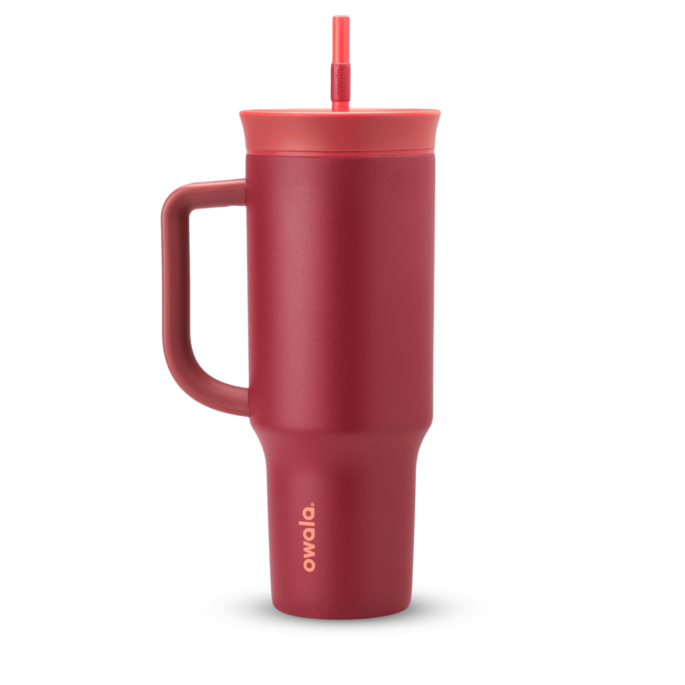 40oz Tumbler in Holly Berry, deep cranberry red insulated tumbler with matching red handle, coral-toned lid, and straw