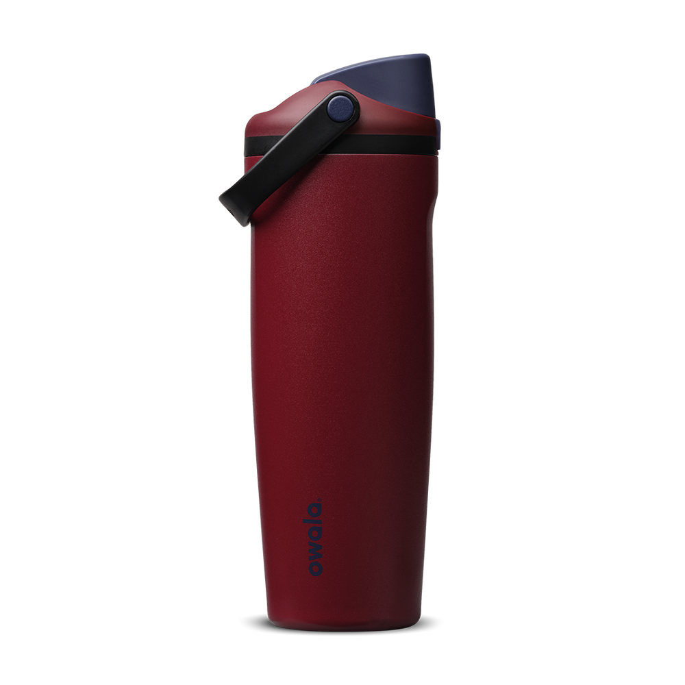 FreeSip Sway 30oz in Burgundy Bay, deep burgundy red insulated water bottle with navy blue flip cap and black carry loop, lid open