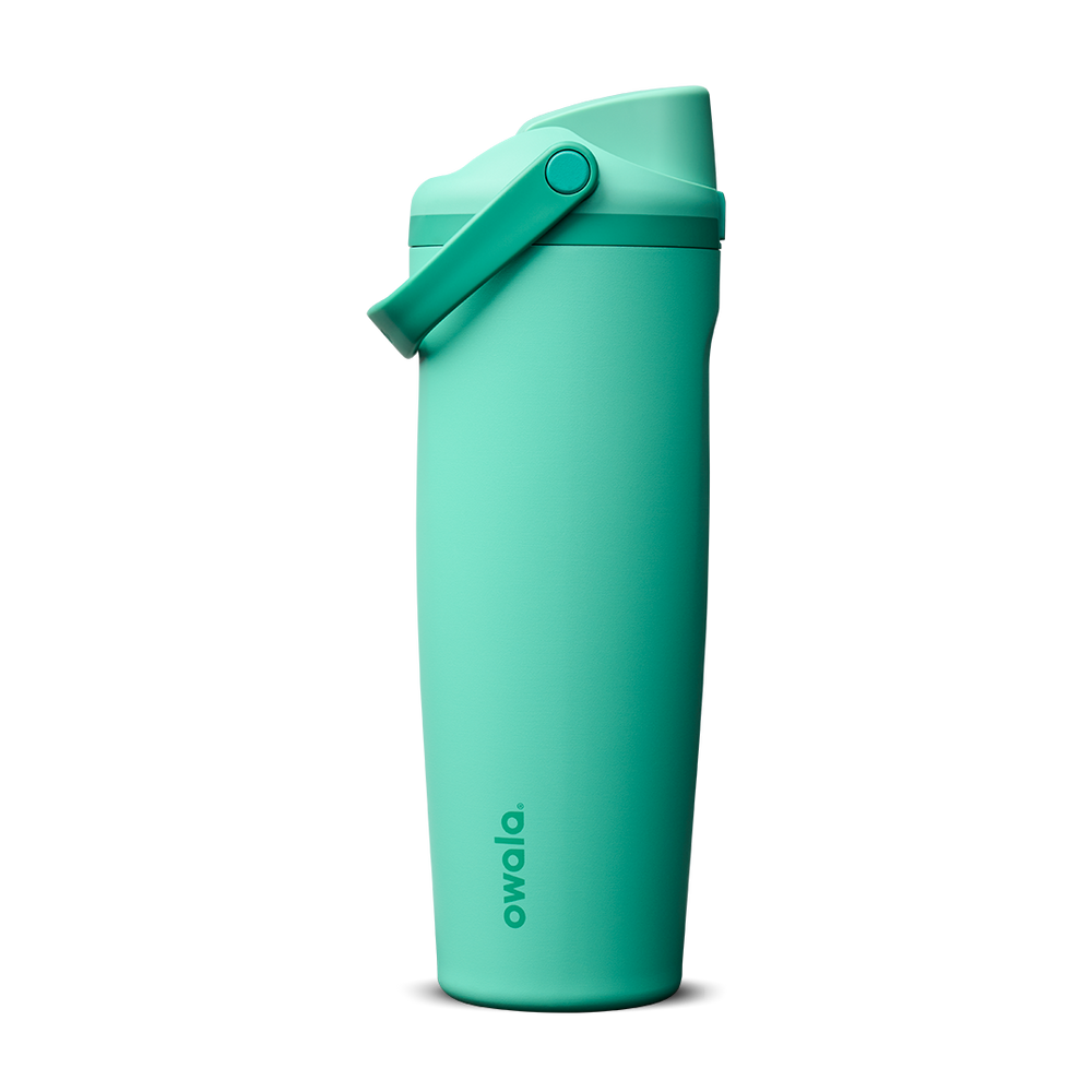 FreeSip Sway 30oz in 90s Kid, vibrant teal-mint insulated water bottle with matching teal flip cap and carry loop