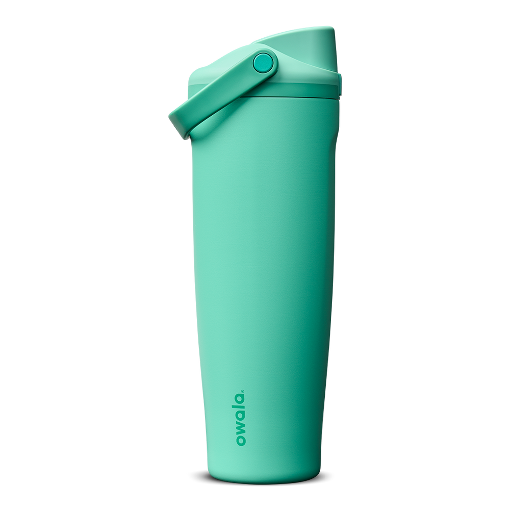 FreeSip Sway 40oz in 90s Kid, vibrant teal-mint insulated water bottle with matching teal flip cap and carry loop, lid open