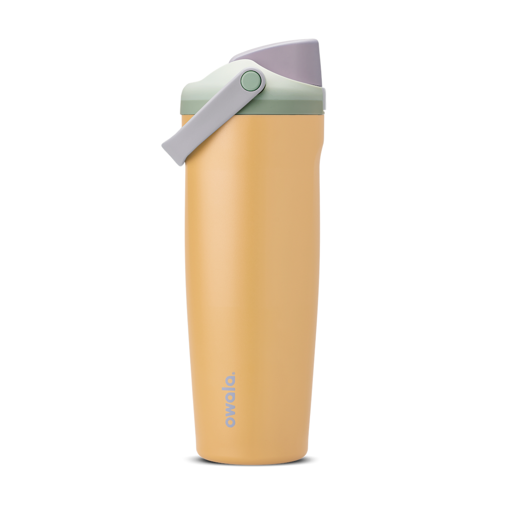 FreeSip Sway 30oz in Beachfront, golden yellow insulated water bottle with lavender flip cap, light grey carry loop, sage green lid accent ring and green push-button, lid open
