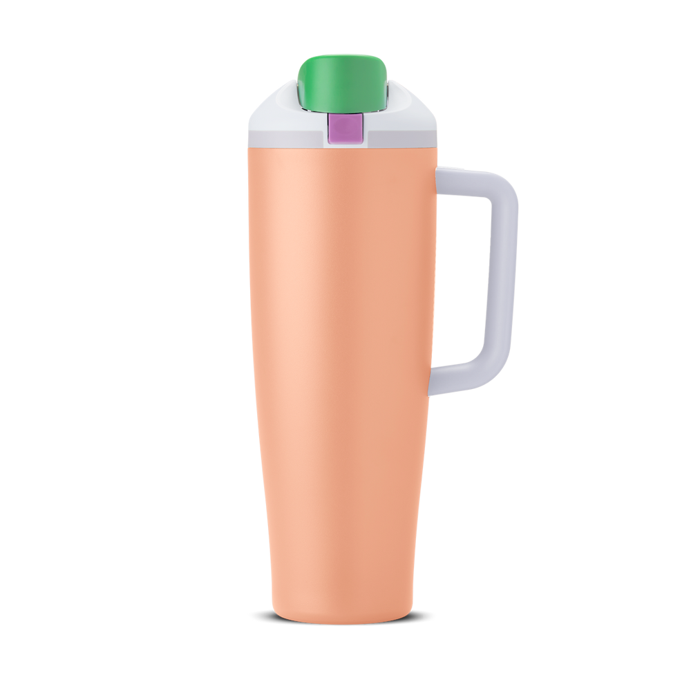 FreeSip Tumbler 40oz Peachy Keen, peach orange body with green flip cap, purple push-button, white lid, and white handle