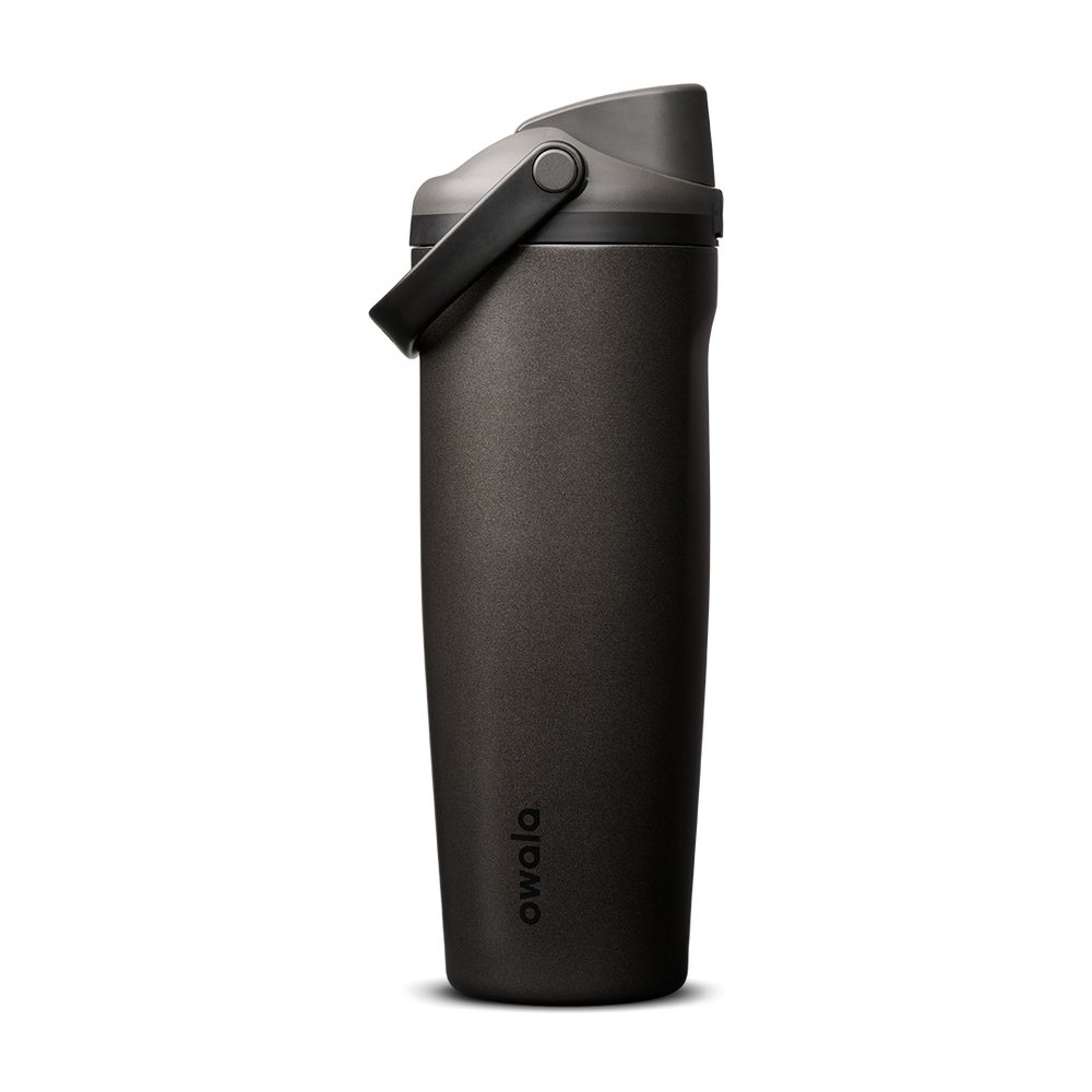 FreeSip Sway 30oz in Nailed It, deep charcoal black insulated water bottle with matching dark flip cap and carry loop