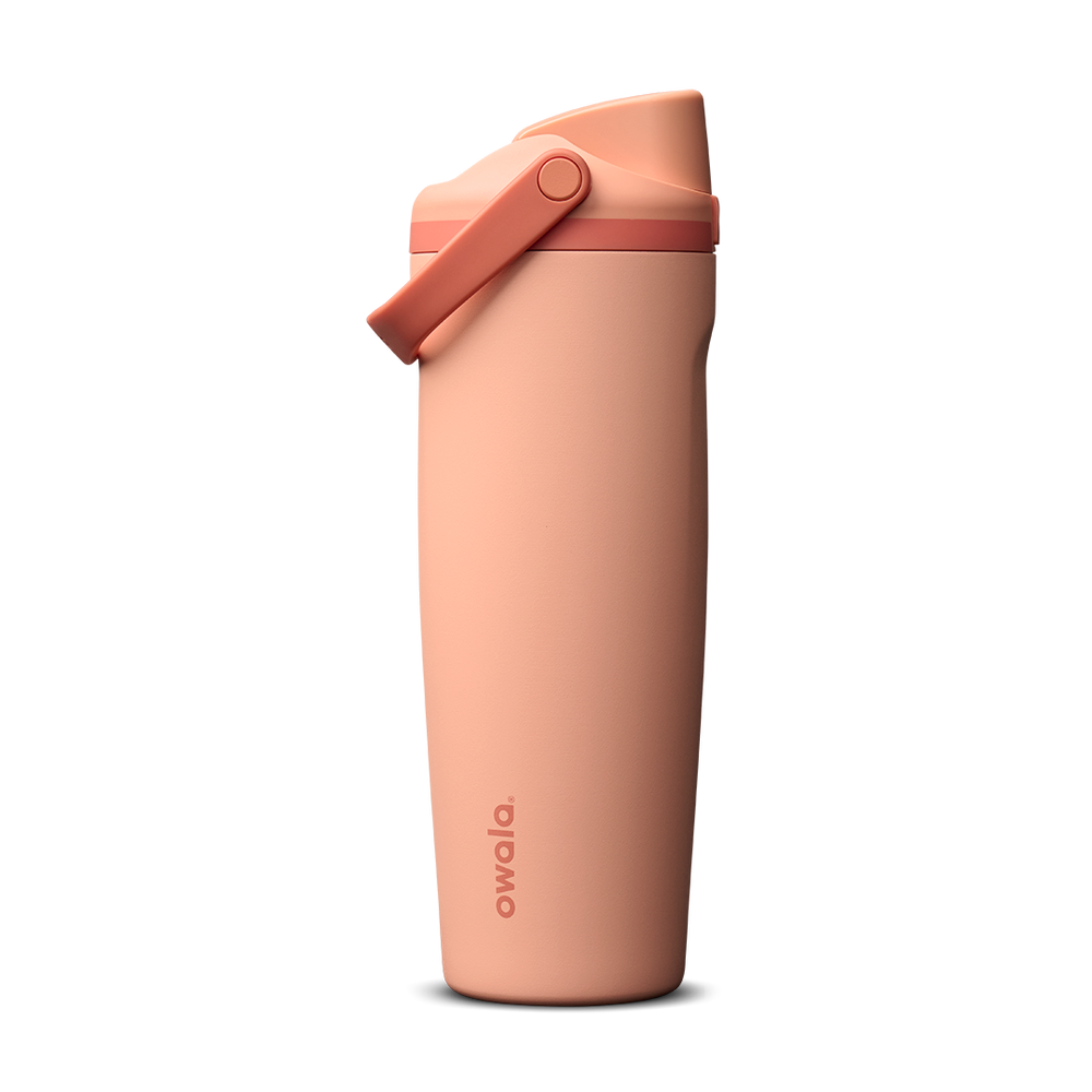 FreeSip Sway 30oz in Peach of Mind, soft peachy-salmon insulated water bottle with coral flip cap and carry loop