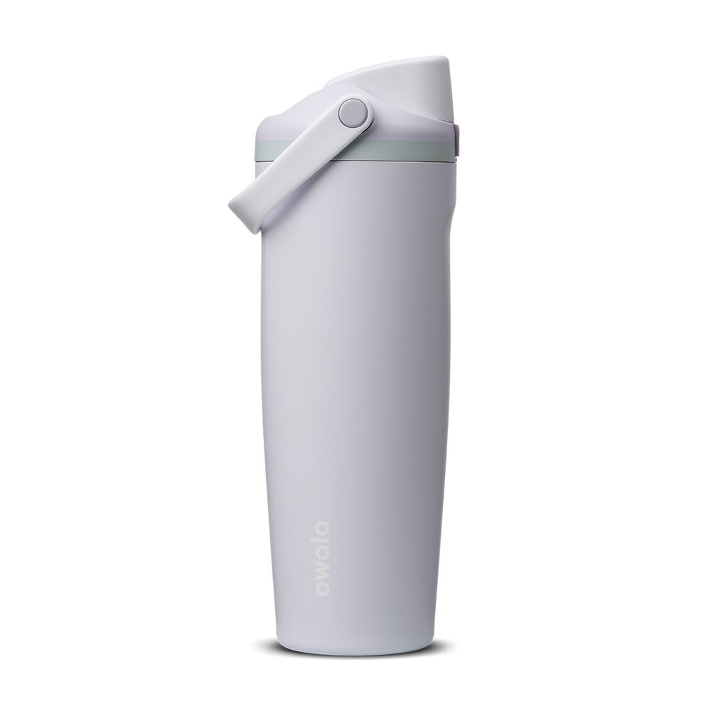 FreeSip Sway 30oz in Open Air, pale lavender-grey insulated water bottle with matching lavender flip cap and carry loop, sage green lid accent ring, lid open