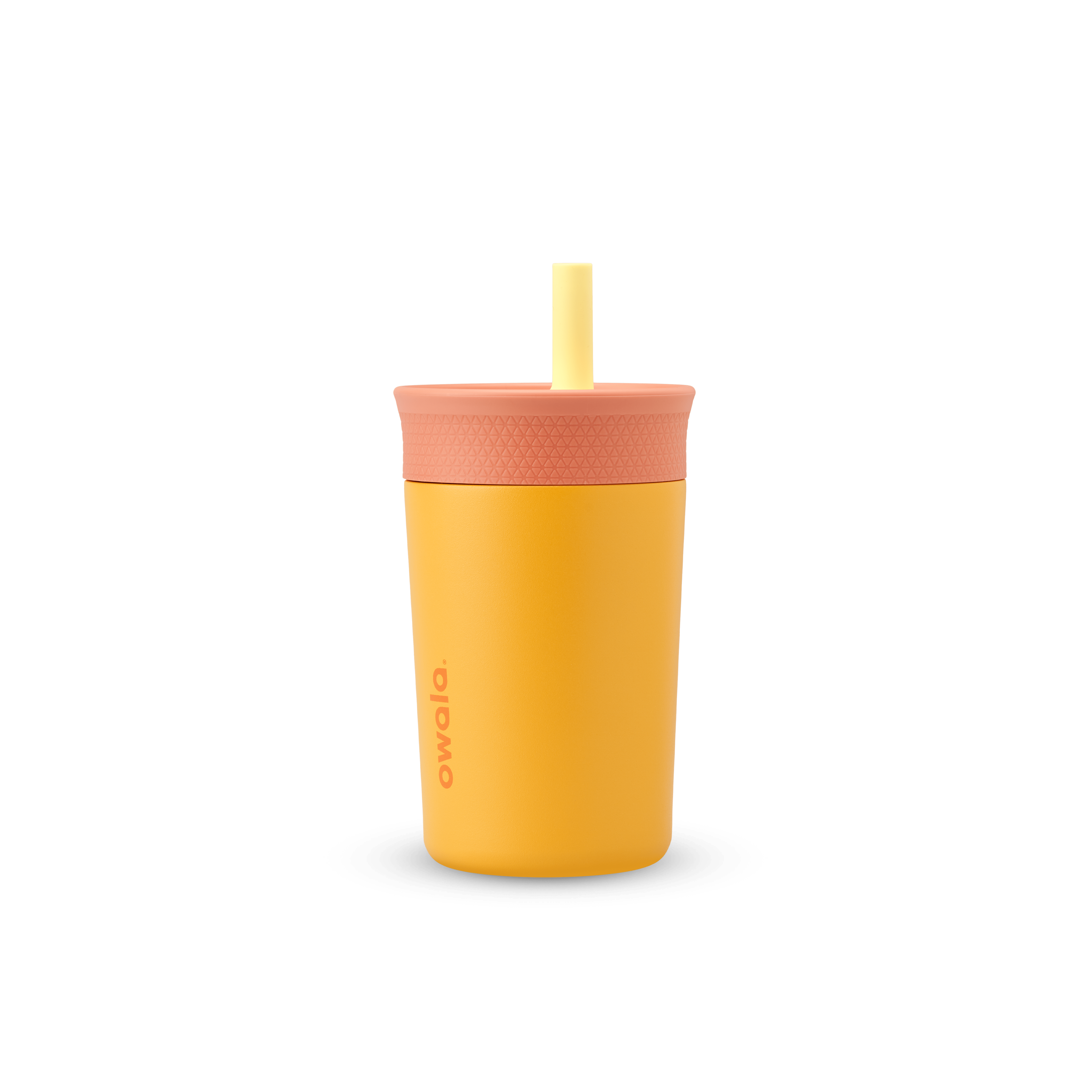 Kids' Tumbler 12oz in Picnic; mustard yellow body with peach-coral lid and pale yellow straw