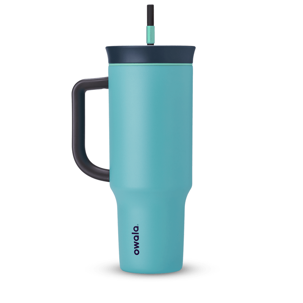 40oz Tumbler in Splash Zone, bright teal insulated tumbler with charcoal handle, deep navy lid, and dark grey straw with mint green grip