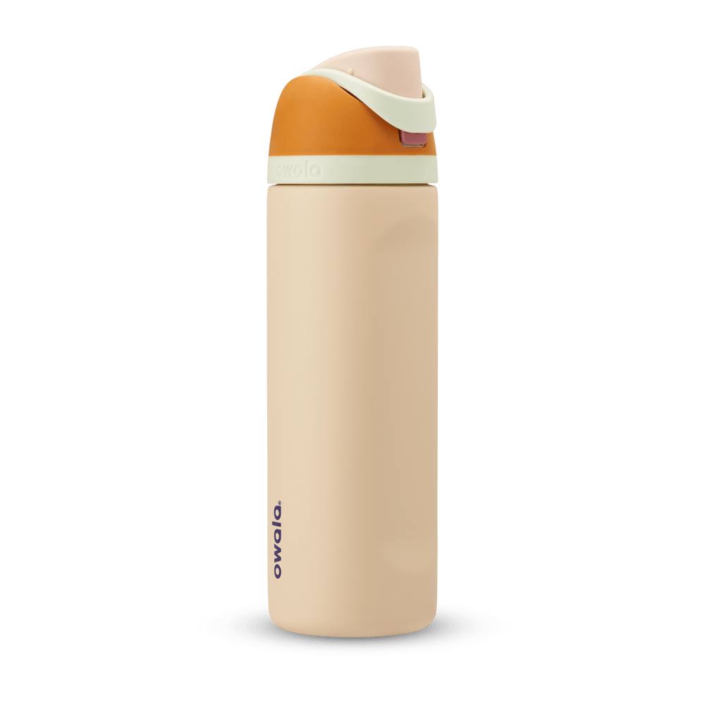 FreeSip 24oz water bottle, warm sandy peach body with golden orange and pale mint color-block flip cap
